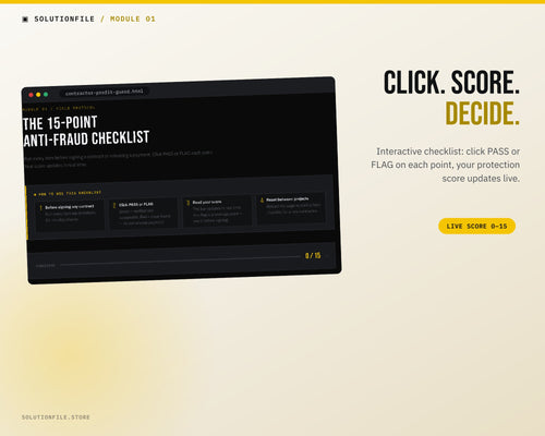 Interactive 15-point anti-fraud checklist with live protection score — click PASS or FLAG