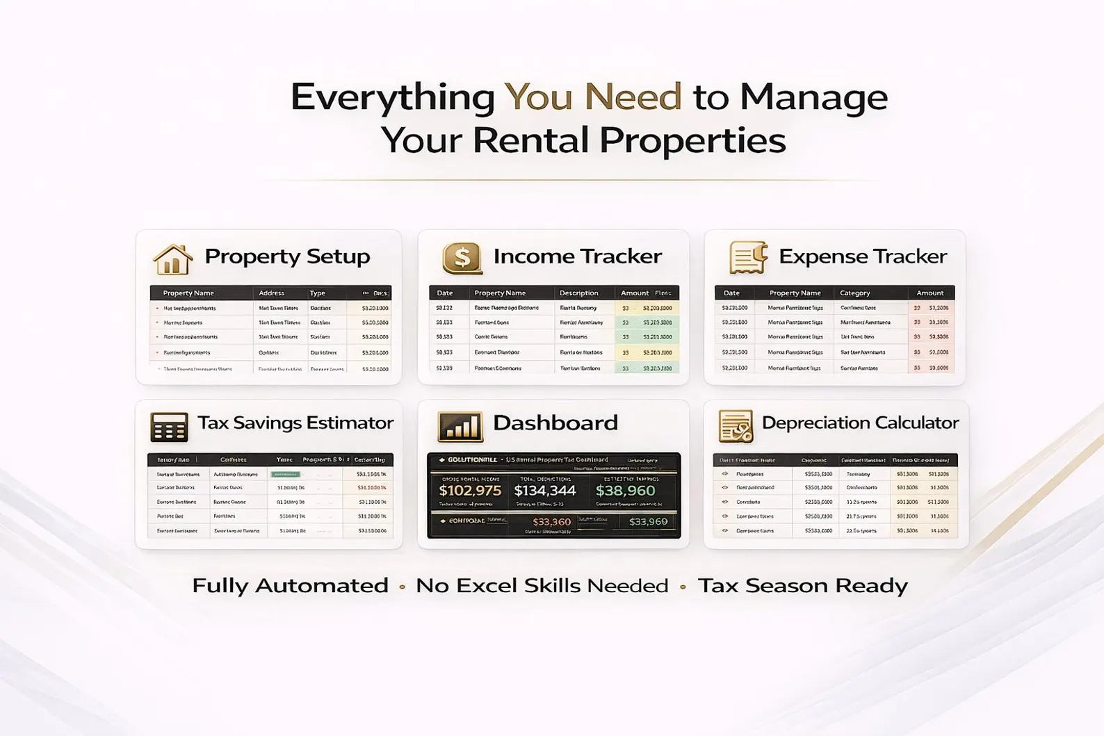Rental Property Tax Tracker Excel — IRS Schedule E income and expense dashboard