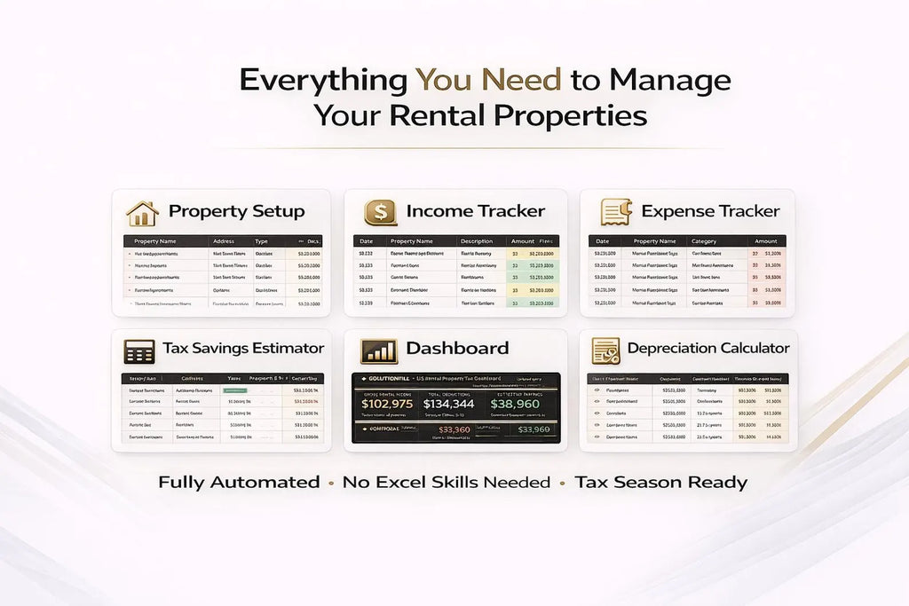 Rental Property Tax Tracker Excel — IRS Schedule E income and expense dashboard
