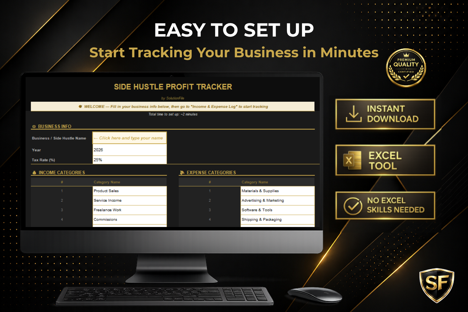 Income and expense log with drop-down categories — side hustle Excel template