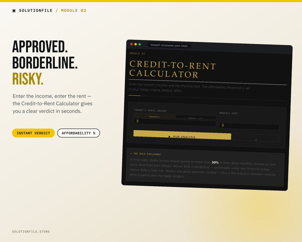 Credit-to-rent calculator — instant APPROVED BORDERLINE RISKY verdict