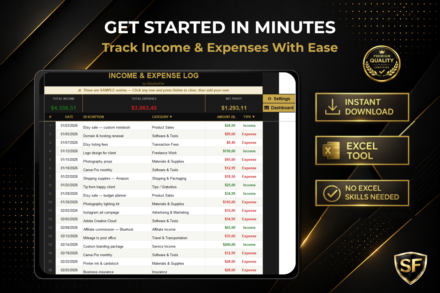 Monthly trend and category charts — profit tracker spreadsheet for freelancers
