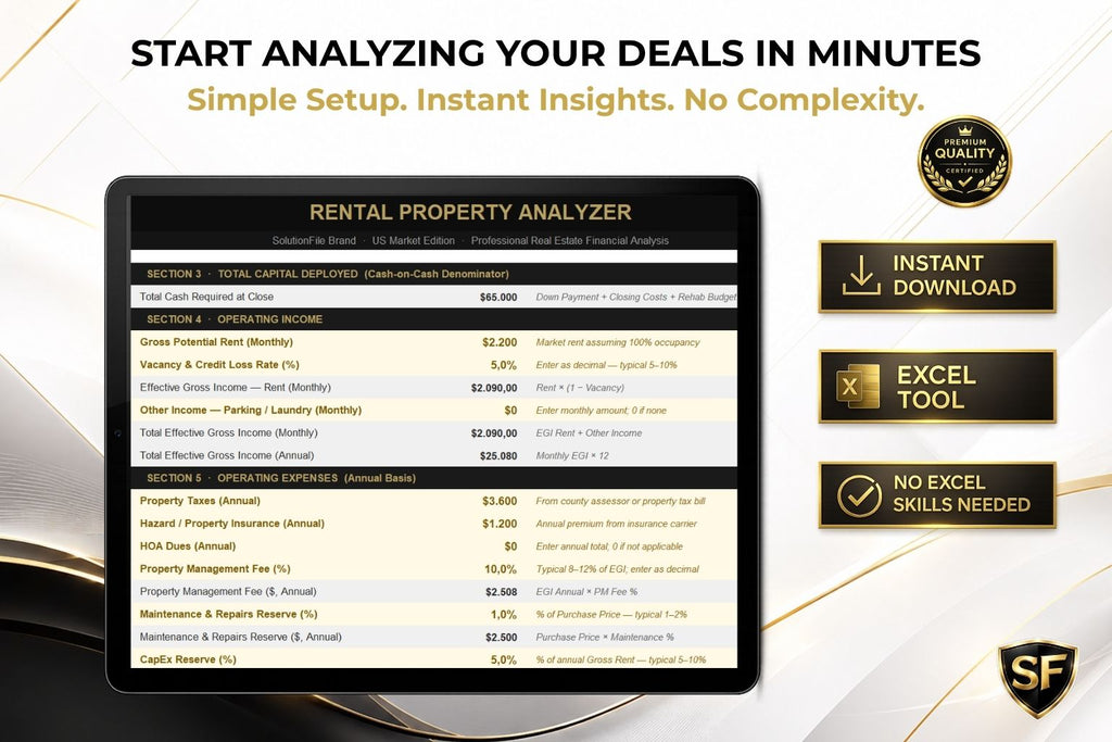 ROI, Cap Rate, Cash-on-Cash and NOI metrics — US real estate investment spreadsheet