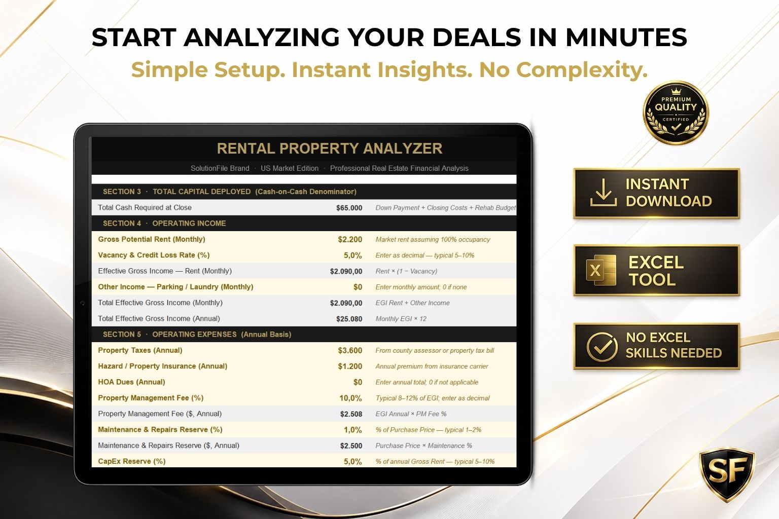 ROI, Cap Rate, Cash-on-Cash and NOI metrics — US real estate investment spreadsheet