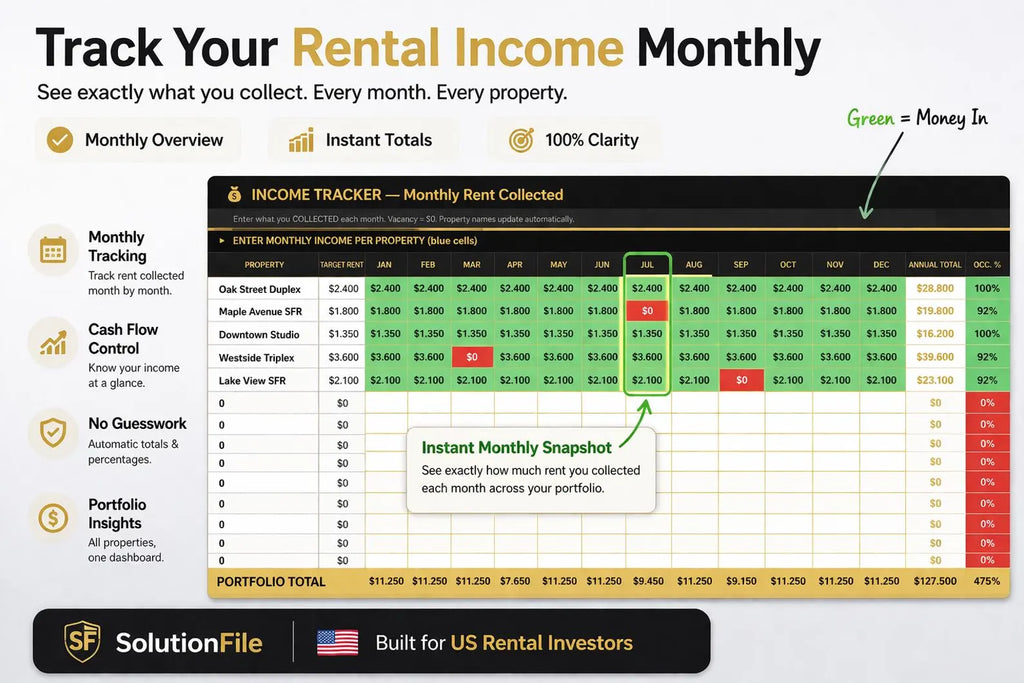 Tenant tracker and IRS Schedule E tax prep sheet for real estate investors